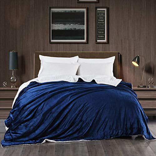KAWAHOME Sherpa Fleece Blanket Super Soft Extra Warmest and Heavy Thick Winter 500GSM Bed Blankets for Couch Sofa Bed King Size 108 X 90 Navy Blue 